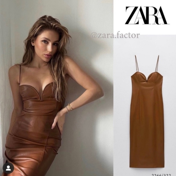 $120 Zara Faux Leather Dress Midi Brown - Picture 2 of 16